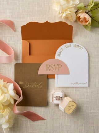 orange and brown wedding invitation with envelope
