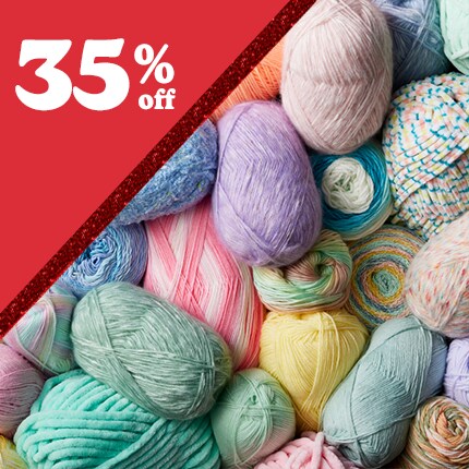 assorted skeins of yarn in pale blues, greens, purple and pinks  with 35% off in white text in red triangle