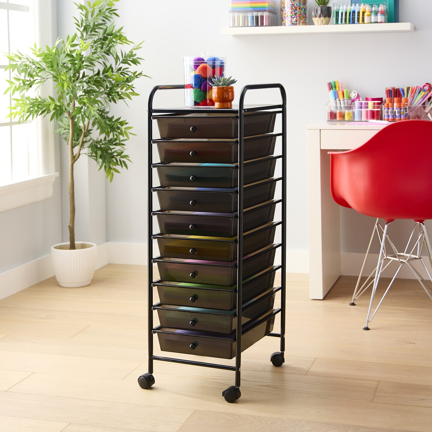 matte black 10-drawer rolling cart stocking with paper crafting materials