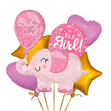 pink heart, gold star, and pink elephant baby girl balloons