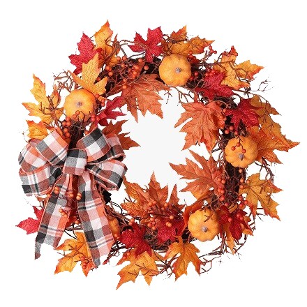 Floral wreath with orange and red leaves, orange pumpkins and a striped red and black bow.