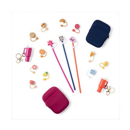 tumbler pouches, plastic straws and icon straw toppers
