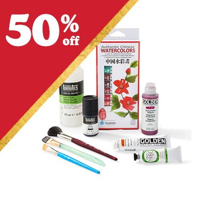 paint brushes, mediums, oil paint and watercolor palette with 50% off in white text over red triangle
