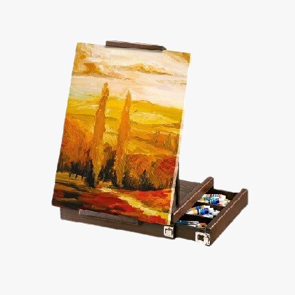 orange landscape painting on wood easel set