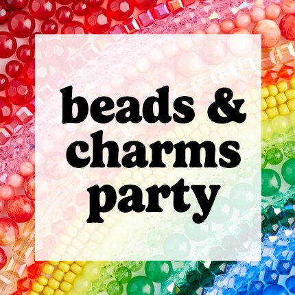 beads and charms in black text with rainbow bead background