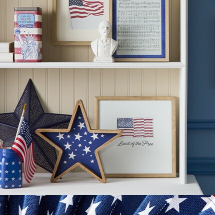 American patriotic décor on white shelves