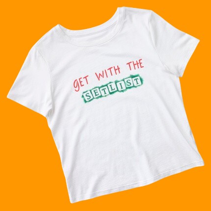 white t-shirt with 'get with the setlist' on orange background