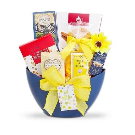 blue and yellow gift basket with snacks