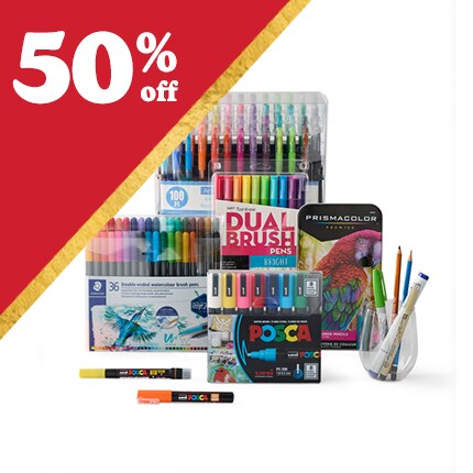 packages of markers and pen sets with 50% off in white text over red triangle