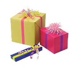 yellow, pink and blue wrapped gift boxes