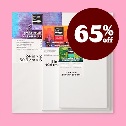 canvas with 65% off in white text over maroon bubble