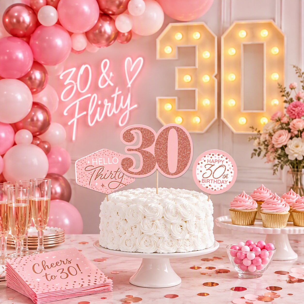 Celebratory 30th birthday party setup with pink decorations