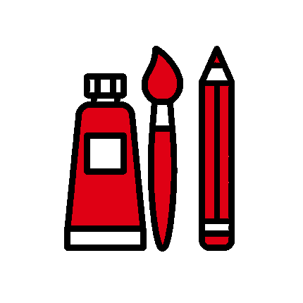 black line icon of paint tube, paint brush and pencil