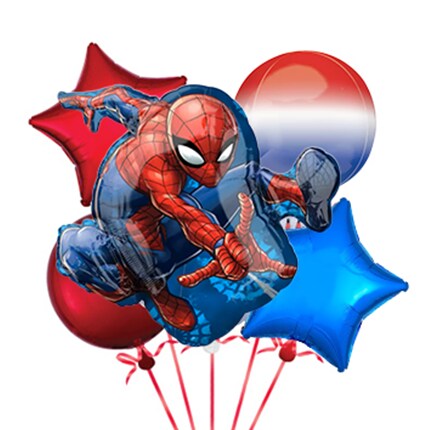 spiderman balloon with red star, blue star, red and obre balloons