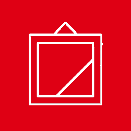 white and red icon of frame on black background