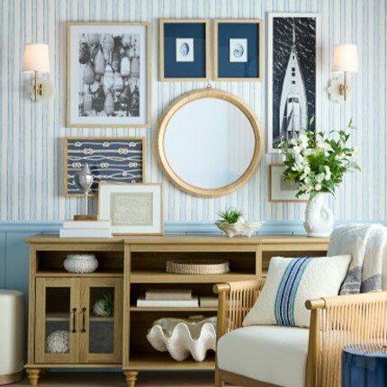 Modern coastal decor with cool blue hues and beachy vibe decor