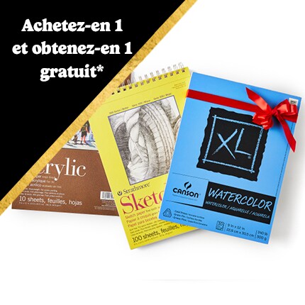 Bloc de papier acrylique, bloc de papier aquarelle et carnet de croquis avec 1 acheté, 1 offert en texte blanc sur triangle noir.