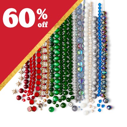 rows of red, gold, green, white and blue beads in a variety of shapes with 60% off in white text over red trangle