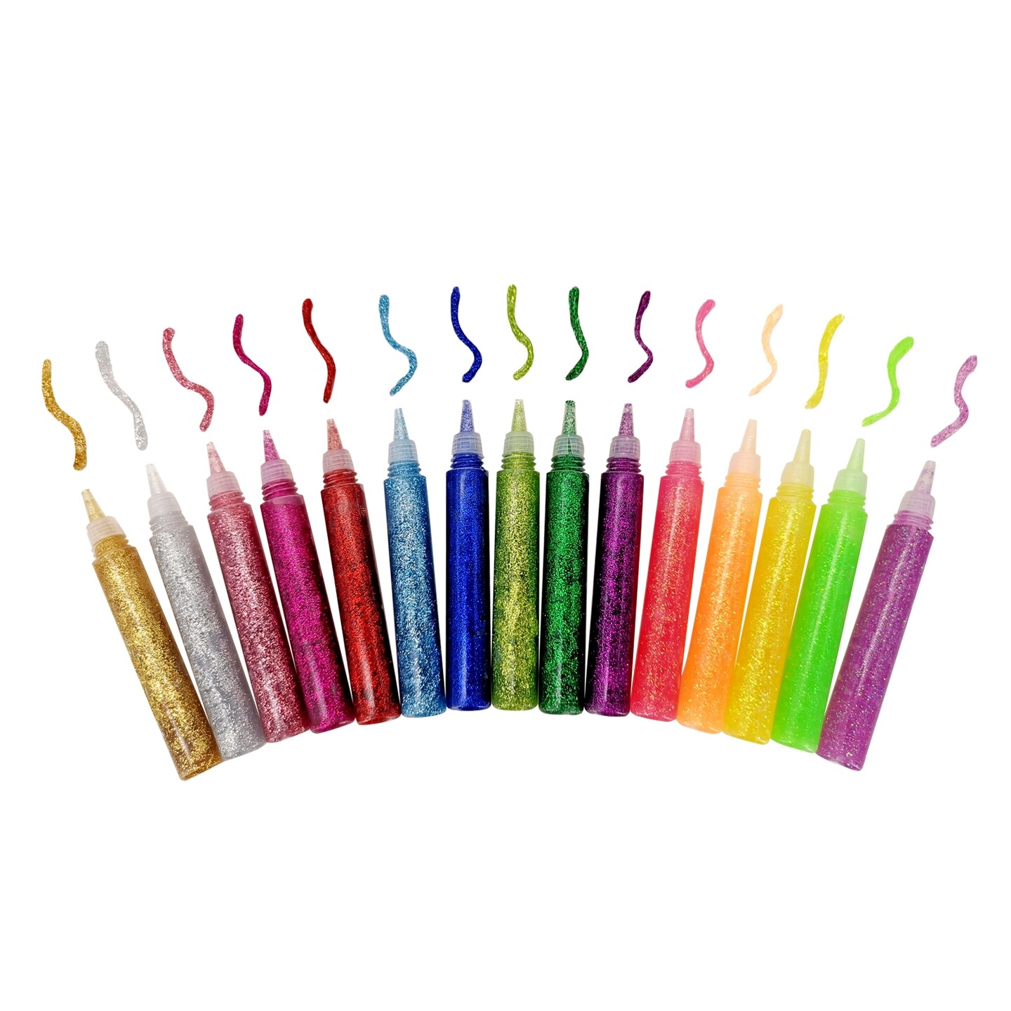 Various colors of glitter pens layed out