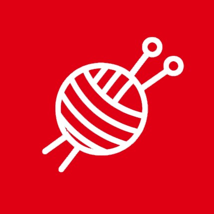 white and red icon of yarn skein on black background