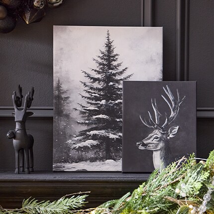 Silent Night decor black and silver classic snow scenes and greenery tabletop decor