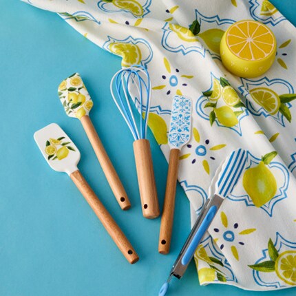 Citrus kitchen utensils with lemon and turquoise accents