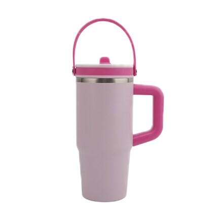 light pink drink tumbler with hot pink side and top handle
