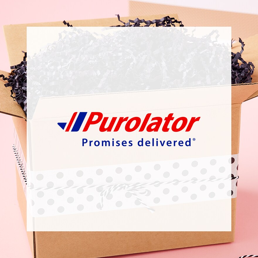 Purolator logo over open shipping box