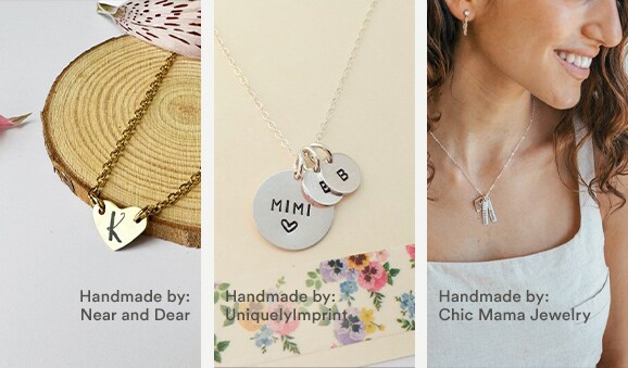 MakerPlace by Michaels Three jewelry pieces on display: a gold heart necklace with initial "K," silver discs with "MIMI" and initials, and a woman wearing a minimalist bar necklace, all conveying elegance and warmth.