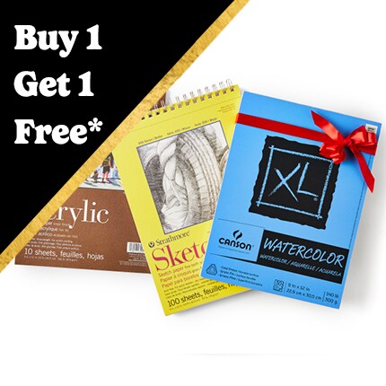 arcylic pad, watercolor pad and sketchbook with buy 1 get 1 free in white text over black triangle