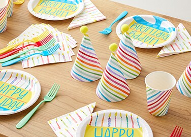 party hats, plates