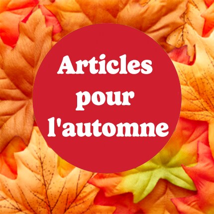 Texte blanc "automne" dans une bulle rouge sur des feuilles orange.