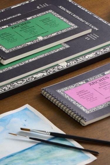 Arches paint pads on desk with watercolors